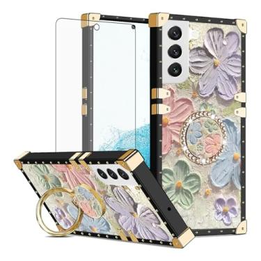Imagem de Asuwish Capa de celular para Samsung Galaxy S22 5G capa magnética com protetor de tela de vidro temperado e pintura flor anel protetor à prova de choque suporte rígido S 22 22S 4G G5 15.5 cm feminino