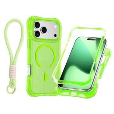 Imagem de Capa transparente com carregamento magnético em PC+TPU para iPhone 17 Pro Max Air 16 15 14 13 12 Plus, com alça de pulso e proteção contra impactos (para iPhone 16/Verde Fluorescente)