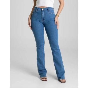 Imagem de Calça Flare Jeans Feminina Sawary Cintura Alta Boot Cut Elastano Lycra