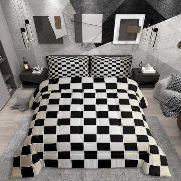 Imagem de Erosebridal Jogo de cama King xadrez preto, bege, cinza, branco, ombré, para adultos, homens, mulheres, xadrez, buffalo, xadrez, edredom, edredom