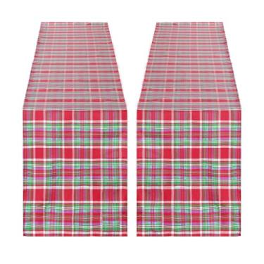 Imagem de Caminho de mesa de Natal vermelho, azul e verde, 33 x 274 cm: 2 peças xadrez de outono - Sobreposição de mesa xadrez para decoração de mesa de festa de Natal e fazenda