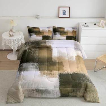 Imagem de jejeloiu Jogo de cama queen abstrato, geométrico, para meninos, meninas, adolescentes, cinza, verde, respirável, macio, leve, conjunto de edredom de microfibra