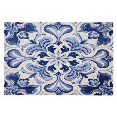 Imagem de Wassud Tapete de porta de azulejo azul e branco 61 x 89 cm, tapete de área lavável antiderrapante com suporte de borracha, tapete macio e macio para sala de estar, quarto, entrada, entrada