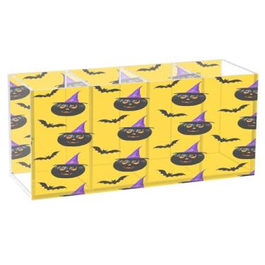 Imagem de CEBUGI Porta-canetas de acrílico com 4 compartimentos, organizador de lápis transparente, elementos de Halloween, suporte de pincéis de maquiagem para escritório em casa, escritório e escritório