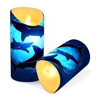 Imagem de ATTX Pacote com 2 velas flutuantes tubarões sem chama – Velas LED de 7,6 cm x 15 cm com controle remoto e temporizador para casa, casamento, decoração de acampamento #705