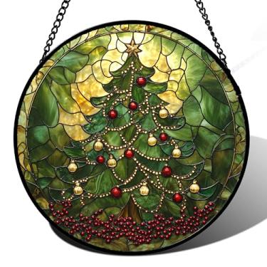Imagem de Vitral para pendurar – Árvore de Natal verde retrô para portas, decoração de Natal para casa, apanhador de sol, dia de Ação de Graças, Ano Novo, presentes de aniversário para mulheres, homens, mãe