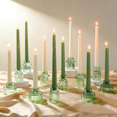 Imagem de Turvono Castiçais de vidro verde com nervuras vintage, conjunto de 12, 3 tamanhos variados de pilar, tealight e suportes votivos, castiçais verdes elegantes para decoração de mesa e prateleira