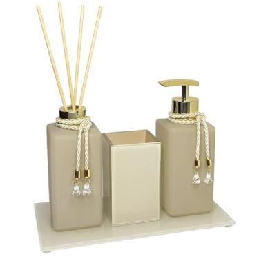 Imagem de Kit Lavabo Bege Luxo de Vidro 250ml com Bandeja Espelhada – Saboneteira e Difusor de Aromas Decorativo para Banheiro e Lavabo (Branco,SEM BANDEJA)