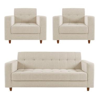 Imagem de Sofá 2 Lugares E 2 Poltronas Pé Madeira Castanho Arezo Linho Bege D01 - D`rossi