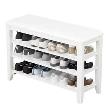 Imagem de Banco de armazenamento de sapatos de entrada com almofada de couro, banco organizador de sapatos para entrada, ideal para corredores, portas de entrada, mudrooms com madeira de seringueira e 3