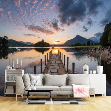 Imagem de Murais de parede de tamanho personalizado, pedra cais pôr do sol refletivo água autoadesivo tecido de parede (SEM PVC) papel de parede grande removível para sala de estar, quarto, escritório