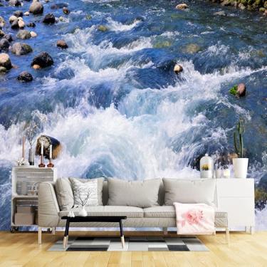 Imagem de Murais de parede de tamanho personalizado, tecido de parede autoadesivo com pedras arredondadas de fluxo turquesa (sem PVC) Papel de parede grande removível para sala de estar, quarto, escritório