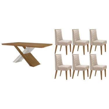 Imagem de Sala Jantar Mesa Imperatriz Tampo Curvo 180cm+6 Cadeiras Dafne Madeira Naturale/Off White - Capuccino/Suede Creme - Rufato