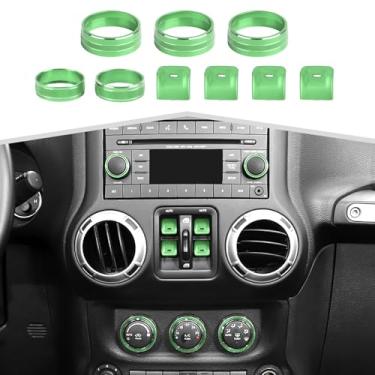 Imagem de Amayum 9 peças de painel de botão de controle de janela de carro para console central para Jeep Wrangler JK JKU 2012-2018 kit de anel de botão de volume de rádio, verde