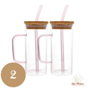 Imagem de Copo de Vidro Quadrado 350ml com Alça e Tampa Bambu e Canudo - TOP ÚTI
