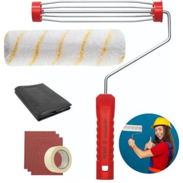 Imagem de Rolo de Pintura Antirespingo + Suporte Garfo + Manta Lona Plástica 2mx4m + Lixa Para Superfícies