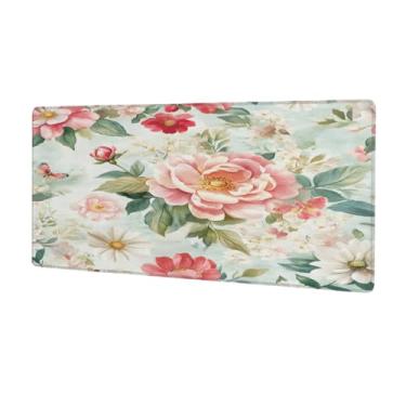 Imagem de Tapete de mouse retrô grande com flores de peônia à prova d'água para computador estendido tapete protetor de mesa antiderrapante base de borracha para escritório, computador, teclado, laptop e mesa