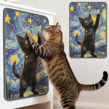Imagem de GudaAphrmix Sisal Tapete arranhador de parede resistente a quedas para gatos internos, arte de gatinho, noite estrelada, para móveis de sofá com fita adesiva (61 x 40 cm)