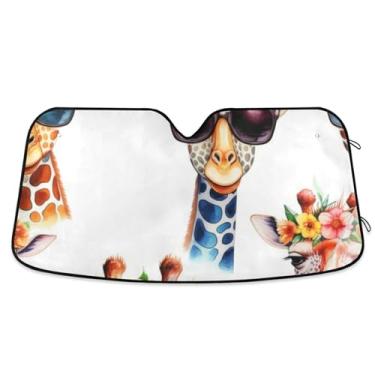 Imagem de Persiana de sol branca floral de girafas coloridas personalizadas para para-brisas de carro persianas dobráveis para janelas frontais floral automotivo S, 134,6 cm x 59,7 cm