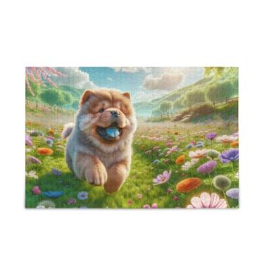 Imagem de Quebra-cabeça de cachorro em flores coloridas, 1000 peças, presente faça você mesmo, com bolsa de armazenamento de malha para adultos e adolescentes