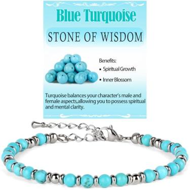 Imagem de LPBeads Pulseiras femininas com contas de energia e pedras preciosas, pulseira ajustável, presentes para mãe, filha, esposa, amigas, melhores amigas, 4mm Silver, Aço inoxidável Turquesa azul Aço
