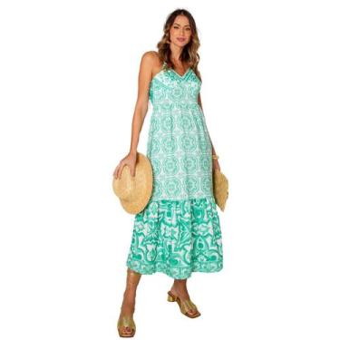 Imagem de Vestido feminino estampado azulejo portugues com amarração nas costas 