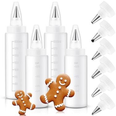 Imagem de LemonRoad 4 garrafas de confeitar para decoração de biscoitos de confeiteiro, garrafas de plástico com 6 pontas de tubulação diferentes para kit de cobertura de biscoitos, aplicador de espremer