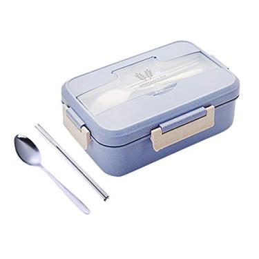 Imagem de 3 PCs Conjunto de Marmita Palha Trigo com Compartimentos Kit Opcional Colher e Palitos Aço Inoxidável À Prova Vazamento BPA Livre Micro-ondas para Adu