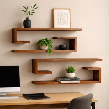 Imagem de Kit de Nichos Jota Minimalista para Parede | Prateleira Decorativa para Sala e Escritório | Nicho Decorativo Moderno(4 Unidades,60x20x20 Mdf Amadeirado)