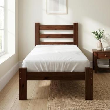 Imagem de Cama Solteiro com Colchão Madeira Maciça Reforçada Castanho