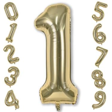 Imagem de 1 balão dourado champanhe, folha de hélio de ouro claro, 102 cm, balão número 1 para meninas, balão autoinflável, um para meninos, boho, aniversário, chá de bebê, vaca, decoração de festa de primeiro