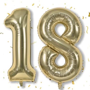 Imagem de Balões de ouro champanhe para aniversário de 18 anos, 101 cm e 101 cm, balões grandes de 1 e 8 números para meninos e meninas de 18 anos, balão de hélio dourado claro para mulheres, homens, decorações