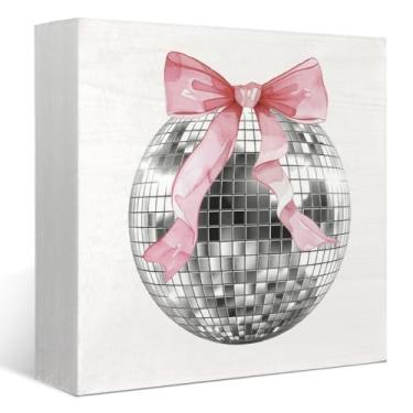 Imagem de FLVGE Decoração de bola de discoteca rosa, letreiro de madeira estético de coquete fofo, placa de caixa de madeira bola de discoteca rosa, decoração de mesa de casa feminina para quarto ou prateleira