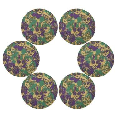 Imagem de Wassud Jogo americano conjunto de 6 tapetes de mesa redondos de carnaval para cozinha e jantar tapetes laváveis resistentes ao calor para decoração de mesa 39 cm