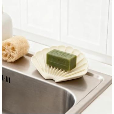 Imagem de Saboneteira de silicone em forma de concha autodrenante antiderrapante sem perfuração balcão de banheiro saboneteira (bege)