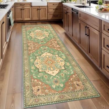 Imagem de SERISSA Tapete de corredor de cozinha de 5 x 15 cm, lavável, antiderrapante, vintage, tapete para corredor, tapete oriental macio de camada baixa para lavanderia, banheiro, quarto, entrada, verde