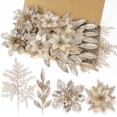 Imagem de N&T NIETING Conjunto de 24 peças de flores artificiais e hastes de folhas artificiais de champanhe para árvore de Natal, enfeites de enchimento de guirlanda de árvore de Natal para decoração de festa