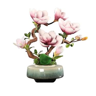 Imagem de Flores falsas simulação flor magnólia conjunto de flores com vaso arranjo de flores falsas decoração mesa de jantar sala de estar escritório decorações flores para decoração (cor: 1) (1) (1)