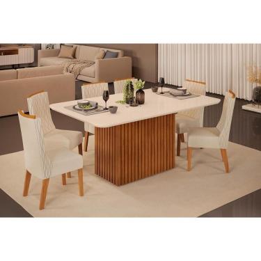 Imagem de Conjunto: Mesa de Cozinha Canes c/ Tampo Madeirado c/ Vidro Curvo 170x90cm e 6 Cadeiras Jade Freijo/Off White - Linho Neve - DJ Móveis