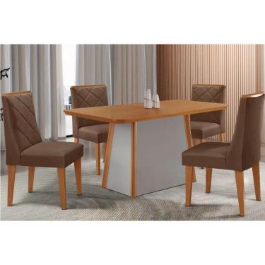 Imagem de Mesa Cozinha Tilia c/ Tampo Madeirado Canto Curvo 120x80cm e 4 Cadeiras Pietá Madeira Maciça Naturale/Off White - Capuccino/Suede Marrom-Rufato