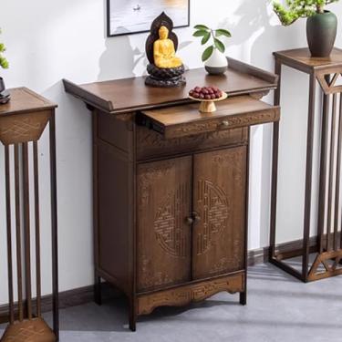 Imagem de Mesa de altar de bambu com armazenamento, suporte de santuário pessoal para Buda, meditação e oração, armário de oferta chinês, pedestal compacto para práticas espirituais