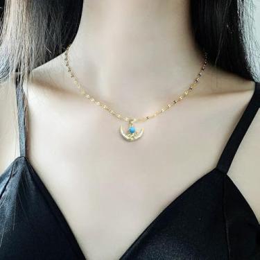 Imagem de Colar com pingente de lua crescente para mulheres, aço inoxidável, banhado a ouro, cristal, celestial, casal e amigos, fofo, lembrança, joia BFF, 45,7 cm