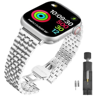 Imagem de PUGO TOP Pulseira de aço inoxidável compatível com Apple Watch séries 11, 10, 9, 8, 7, 6, 5, 4, 3, 2, 1, SE3 2 1, Ultra3 2 1, Ultra3 2 1, Ultra3 2 1, pulseira de metal em dois tons, fecho borboleta