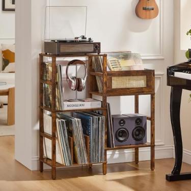 Imagem de LELELINKY Suporte para toca-discos, suporte vintage de madeira marrom com armazenamento de vinil, comporta até mais de 300 álbuns, mesa de mídia de vime de 3 camadas com prateleira de exibição de