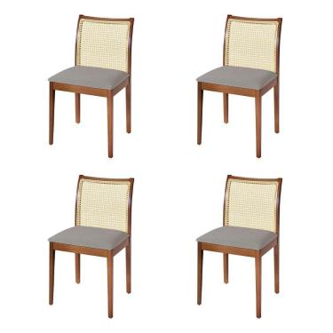 Imagem de Jogo 4 Cadeiras De Jantar Juliana Jequitibá Terra Em Madeira Maciça Encosto Palha Linho Cinza