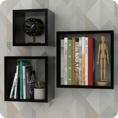 Imagem de 3 Nichos Para Livros Parede Quarto Sala Quadrado Preto - MetalCromo