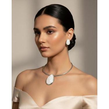 Imagem de Conjunto Choker Aro e Brinco Gota Resinado Bijuteria Cor:Prateado - De
