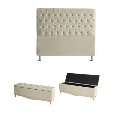 Imagem de Kit Estrela Cabeceira De Cama Box E Calçadeira Baú Pés Palito Botão Cristal Queen 160 Cm Suede Porcelana Do Lar Móveis