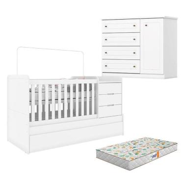 Imagem de Berço Multifuncional Cleo e Cômoda Infantil Americano Branco Fosco com Colchão Gazin -...
