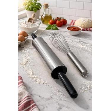 Imagem de Kit Rolo de Massas e Fouet em Inox  Para Pães, Bolos, Massas e Batedor